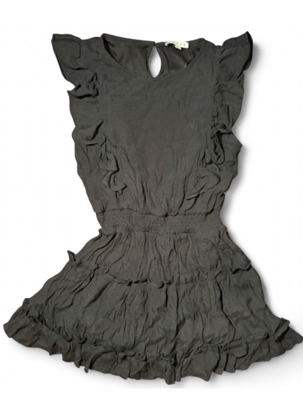 HYFVE Black Ruffle Smocked Waist Mini Dress L Boho Cottagecore